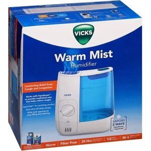 New In Box! Vicks Warm Mist Humidifier VWM845 1 Gallon Filterless White Blue